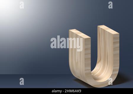3D Buchstabe U Abbildung in Natursperrholz auf leuchtender grauer Hintergrund Stockfoto