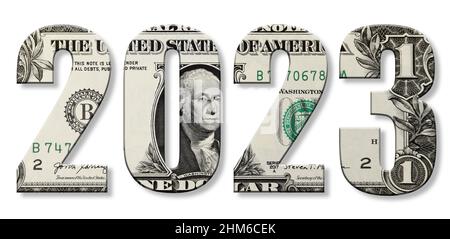 Jahr 2023 mit der Textur von Dollar, American Money, Business Concept Stockfoto