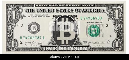 Bitcoin auf 1-Dollar-Banknote, Serie 2017 A mit dem Porträt von Bitcoin, American Money Banknote, Vintage Retro, Vereinigte Staaten von Amerika Stockfoto