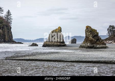 Sea Stack am Ruby Beach an der malerischen Olympic Coast des US-Bundesstaates Washington. Stockfoto