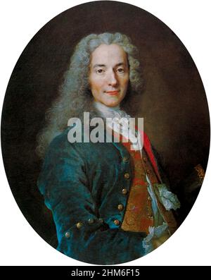 Ein Porträt des französischen Schriftstellers und Philosophen Voltaire (richtiger Name François-Marie Arouet). Porträt von Nicolas de Largillière aus dem Jahr 1724, als Voltaire 30 Jahre alt war. Stockfoto