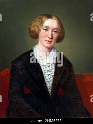 Ein Porträt des englischen Schriftstellers George Eliot, das der Nom de Plume von Mary Ann Evans war, von 1850, als sie 31 war. Porträt von Francois D'Albert Durade. Stockfoto