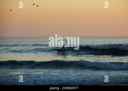 Matosinhos, Portugal. 07th. Februar 2022. Surfer reitet eine Welle am Strand von Matosinhos. Am Strand von Matosinhos surfen Menschen während der Pandemie Covid-19. Kredit: SOPA Images Limited/Alamy Live Nachrichten Stockfoto