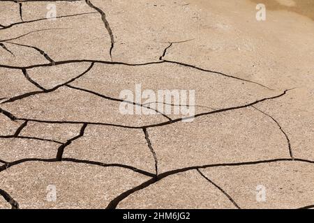 Während der Schlamm trocknet, bilden sich im Bachbett in der Nähe des Santa Elena Canyon, Big Bend National Park, Texas, tiefe Risse. Stockfoto