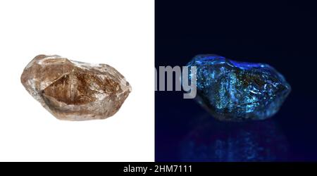 Vergleichsfotos von seltener Vielfalt von Diamantzquarz mit Kohlenwasserstoffeinschlüssen (Petroleum Quarz / Enhydro Quarz) unter Tageslicht und UV-Licht im Stockfoto