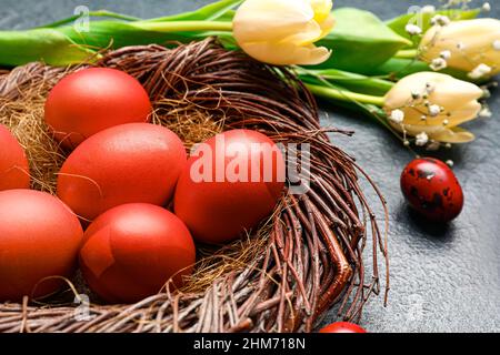 Nest mit rot bemalten Ostereiern und Blumen auf dunklem Hintergrund Stockfoto