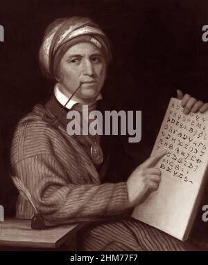 Sequoyah (c1770–1843), Sohn einer Cherokee-Frau und Pelzhändler aus Virginia, war Krieger, Jäger und Silberschmied, der zwölf Jahre lang daran arbeitete, eine Schreibmethode für die Cherokee-Sprache zu entwickeln. (Aus einem gemalten Porträt von Henry Inman, c1830, nach einem früheren Porträt von Charles Bird King, das 1865 beim Brand des Smithsonian Castle zerstört wurde.) Stockfoto