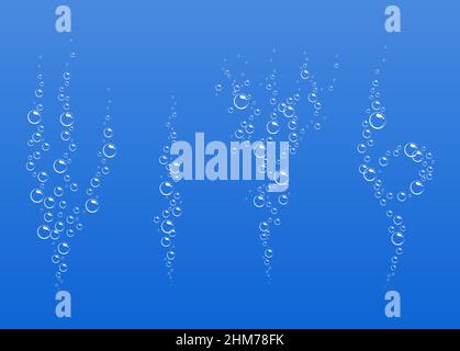 Cartoon fizzing Strömung der Luft Unterwasserblasen in Wasser, Soda, Meer. Schaumstoffblasen. Vektorgrafik auf blauem Hintergrund. Stock Vektor