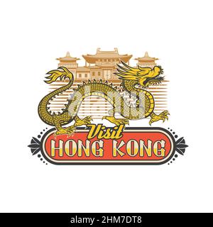 Kloster und Drache Hong Kong Reise-Ikone. Vektor-Emblem mit chinesischen Wahrzeichen, traditionellen alten Gebäuden Architektur und Fantasy-Monster. Hongkong Stock Vektor