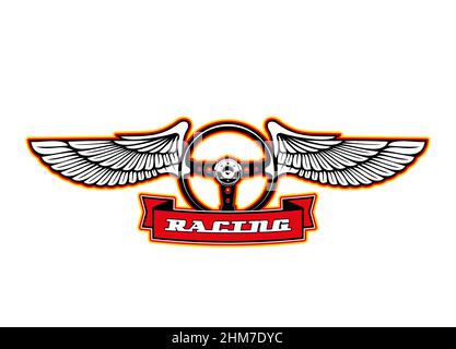Rennsport-Symbol, Autorennen und Motoren Rallye Symbol des Rades auf Flügeln. Automobil-Geschwindigkeit Drift oder Drag Racing Championship, Autorennen Sport Club Ikone Stock Vektor