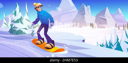 Mann fährt auf Snowboard auf Piste in den Bergen. Vektor-Cartoon-Illustration der Winterlandschaft mit weißen Abfahrt, Bäume, Felsen und Snowboarder Person. Konzept für extreme sportliche Aktivitäten Stock Vektor