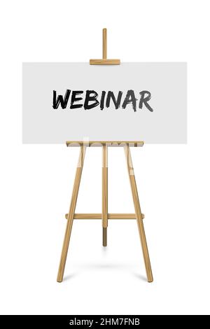 Staffelei mit Webinar-Text auf Papier auf weißem Hintergrund. Holzstativ mit lehrreicher Ankündigungsvektor-Illustration. Künstlerische Studio-Ausstattung Stock Vektor