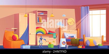 Chaos im Kinderzimmer, chaotische Kinderschlafzimmer-Innenausstattung mit Büchern auf ungefertigten Betten und verstreuten Spielsachen auf dem Teppich. Clutter Wohnung Innenbereich mit Möbeln und Ausrüstung für Spiele, Cartoon-Vektor-Illustration Stock Vektor