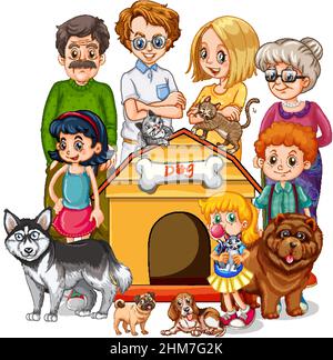 Große Familienmitglieder mit vielen Hunden Illustration Stock Vektor