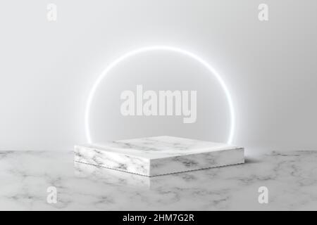 Weißer Neonring auf grauem Marmorquadrat für Produkt. 3D Sockel in Stein Muster Vektor-Illustration. Geometrische Bühne auf dem Boden im Zimmer. Abstrakter Ort Stock Vektor