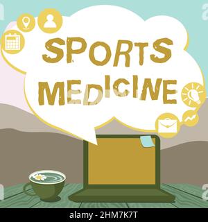 Handschriftschild Sportmedizin. Wort für die Behandlung und Prävention von Verletzungen im Zusammenhang mit sportlicher Handeingabe auf dem Laptop neben Kaffeetasse und Pflanze Stockfoto