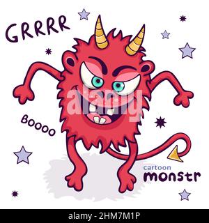 Niedliches Monster, lustige Zeichentrickfigur, bunte Handzeichnung. Fröhliche rote, flauschige Märchengestalt, lächelnd, mit Hörnern und Schwanz isoliert auf weißem Ba Stock Vektor