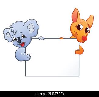Niedlich lächelnd glücklich Cartoon Koala und Känguru-Charaktere halten leere Zeichen Vektor isoliert auf weißem Hintergrund Stock Vektor