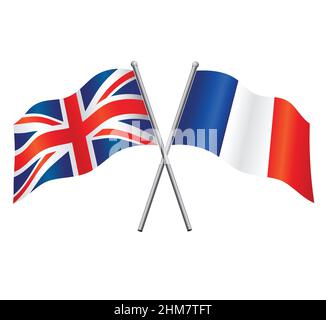 Großbritannien großbritannien vereinigtes Königreich und frankreich Flaggen im Beziehungsbündnis oder gegen gekreuzten Vektor isoliert auf weißem Hintergrund Stock Vektor