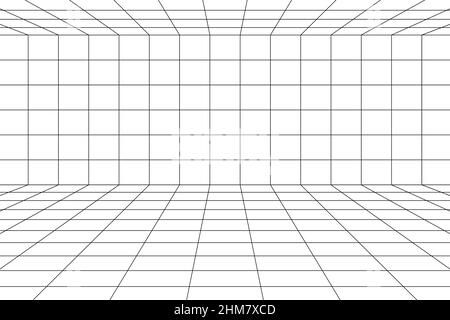 3D digitales Raster aus Decke, Wand und Boden des Raumraums mit einer Punktperspektive. Weißer leerer geometrischer Cyberspace Studio-Hintergrund. Virtuelle drei Stock Vektor