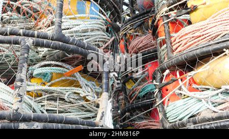 Fallen, Seile und Käfige auf Pier, kommerziellen Dock, Fischerei, Monterey California USA. Leere Töpfe, Creels für Fisch, Meeresfrüchte, die im Hafen gefangen werden. Viele Fischernetze und Körbe im Seehafen. Fischerei. Stockfoto