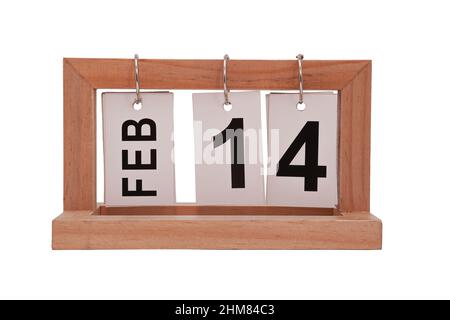 14 Februar Tageskalenderdatum. Valentinstag. Holzinterieur Kalender isoliert auf weißem Hintergrund. Stockfoto