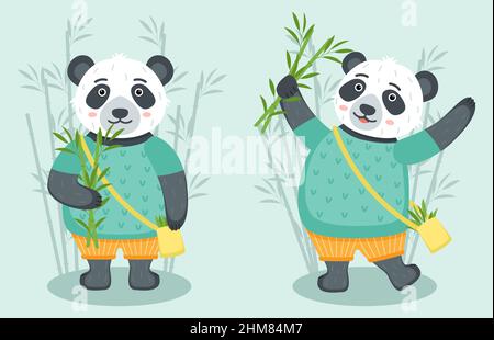Set von niedlichen Pandas mit Bambus, Vektor-Illustration Stock Vektor