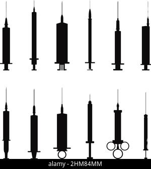 Set aus schwarzen Silhouetten von Spritzen auf weißem Hintergrund, Vektorgrafik Stock Vektor