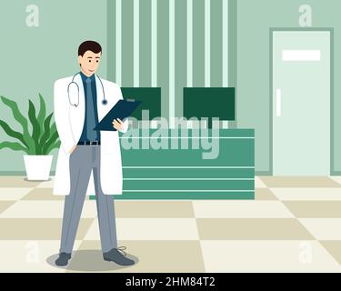 Arzt in der Nähe des Rezeptionstisches in der medizinischen Klinik, Vektordarstellung Stock Vektor