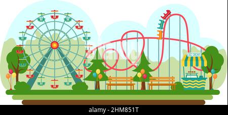 Vergnügungspark im flachen Stil, Vektorgrafik Stock Vektor