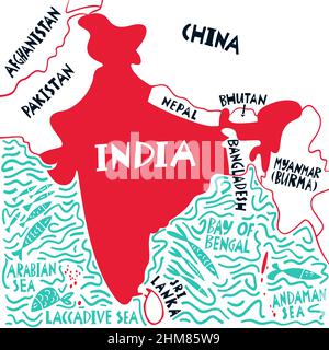 Vektor Hand gezeichnete stilisierte Karte der indischen Nachbarn Länder und Gewässer. Reiseabbildung. Darstellung der Geographie der Republik Indien. Asien Karte eleme Stock Vektor