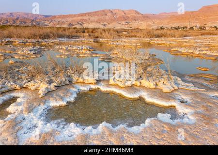 Dead Sea Israel Salz Inseln Sonnenaufgang Landschaft Natur Urlaub Stockfoto
