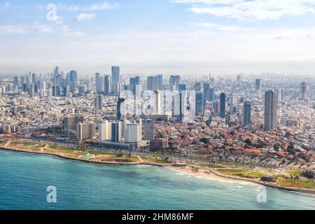 Tel Aviv Skyline Strand Luftaufnahme Foto Israel Stadt Mittelmeer Wolkenkratzer Fotografie Stockfoto