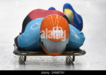 Yanqing, China. 08th. Februar 2022. Olympische Spiele, Skelett, Männer, Training im National Sliding Center. Axel Jungk aus Deutschland im Einsatz. Quelle: Robert Michael/dpa-Zentralbild/dpa/Alamy Live News Stockfoto