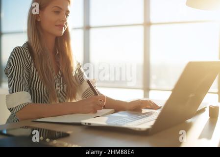 Frau Freiberufler weibliche Hände mit Kugelschreiber schreiben auf Notebook zu Hause oder im Büro. Stockfoto