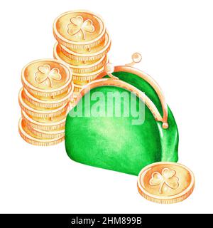 Brieftasche und Stapel von Münzen. St. Patrick's Day. Aquarelldarstellung. Isoliert auf weißem Hintergrund. Für Ihr Design. Stockfoto