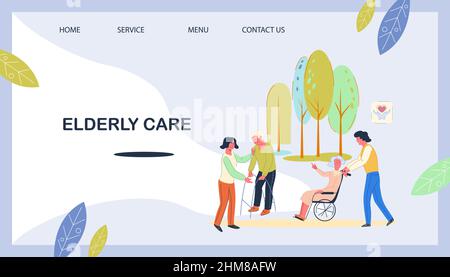 Professionelle und freiwillige Hilfe und Unterstützung für ältere Menschen Webseite, Vektor. Stock Vektor