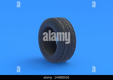 Autoreifen auf blauem Hintergrund. Automobilteile. Verkehrssicherheit. Autoservice. Kauf, Verkauf von Reifen. 3D Rendern Stockfoto