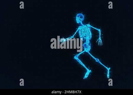 3D Rendering des menschlichen Skeletts . Abstrakter Nachthimmel im Hintergrund Stockfoto
