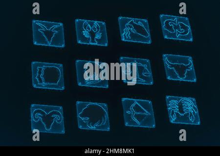 3D Darstellung von Tierkreiszeichen auf dunkelblauem Hintergrund Stockfoto