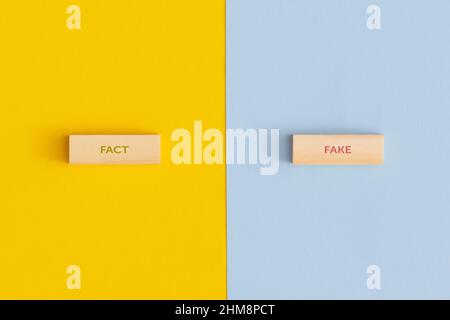 Die Worte Fact und Fake auf Holzblöcken Stockfoto
