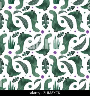 Grüne Dinosaurier-Muster, Aquarell nahtlose Muster, Dinosaurier und tropische Blätter auf weißem Hintergrund, Aquarell handgezeichnete Illustration, Cartoon Stockfoto