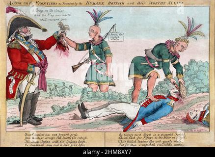 Eine Szene an den Grenzen, wie sie von den humanen Briten und ihren würdigen Alliierten praktiziert wird! Nach einer Arbeit c. 1812 von William Charles, einem in Schottland geborenen Kupferstecher und Immigranten in die Vereinigten Staaten, der auf Gerüchte und Anschuldigungen reagierte, dass die Briten während des Krieges von 1812 ihren indigenen indischen Verbündeten Kopfgelder in Bezug auf Waffen oder Geld für die Scalps amerikanischer Soldaten anboten. Stockfoto