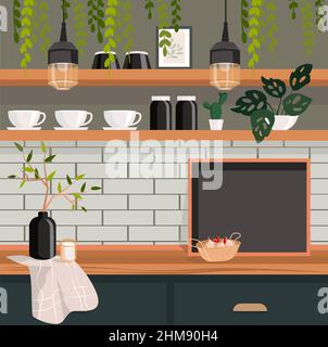 Ein Fragment einer gemütlichen Küche mit Kreidetafel, grünen Pflanzen und Utensilien. Vektorgrafik. Stock Vektor