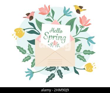 Umschlag mit Frühlingsblumen und Vögeln. Hallo Frühlingspostkarte. Vektorgrafik. Stock Vektor