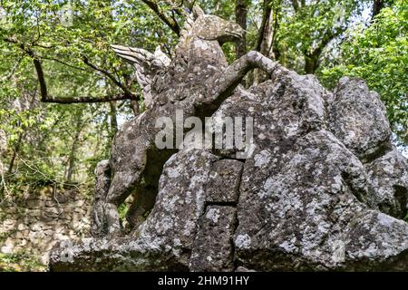 Pegasus-Brunnen, Sacro Bosco, Heiliger Hain umgangssprachlich Park der Monster genannt, XVI Jahrhundert, Parco dei Mostri auf Italienisch, Latium, Italien, Euro Stockfoto