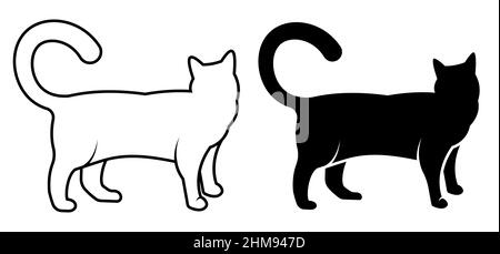 Lineares Symbol. Stehende Katze drehte den Kopf und wartet auf seinen Besitzer. Silhouette von Hauskatze, Haustiere. Einfacher Schwarz-Weiß-Vektor isoliert auf weißem Hintergrund Stock Vektor