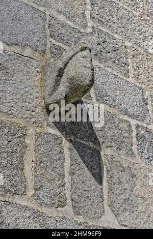 Schnitzereien an der façade des Hauses der Schwarzen Katze oder des Löwen von Juda, Trancoso, Serra da Estrela, Portugal Stockfoto