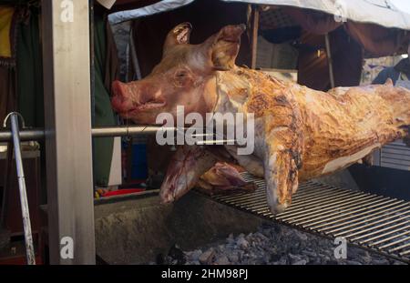 Das ganze Schwein wird wie im Mittelalter geröstet. Selektiver Fokus Stockfoto