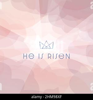 Er ist unter der Kronenikone auferstanden, mit bunten Wolken mit hellen Sonnenstrahlen, die durchscheinen. Symbolisiert die Auferstehung Jesu Christi. Stock Vektor